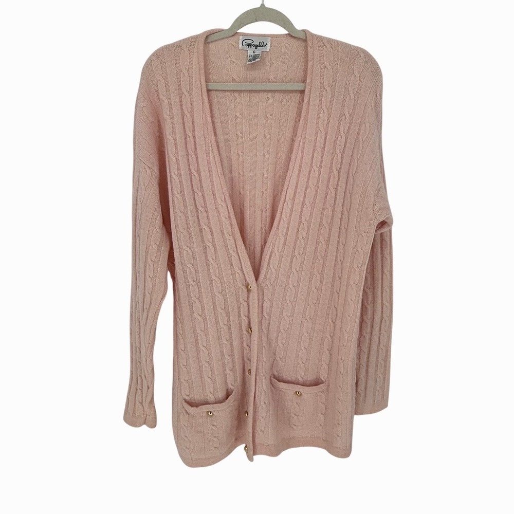 Pappagallo Pink Wool Angora Cable Knit‎ Cardigan Gold Button Pockets Cozycore